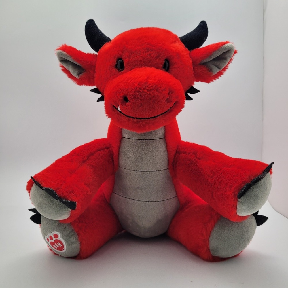 Build A Bear Fiery Dragon Plush Stuffed Animal Red Black Horns Gray Belly BAB